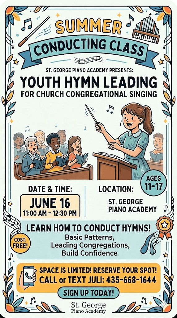 Summer conducting workshop flyer for youth at St. George Piano Academy Utah