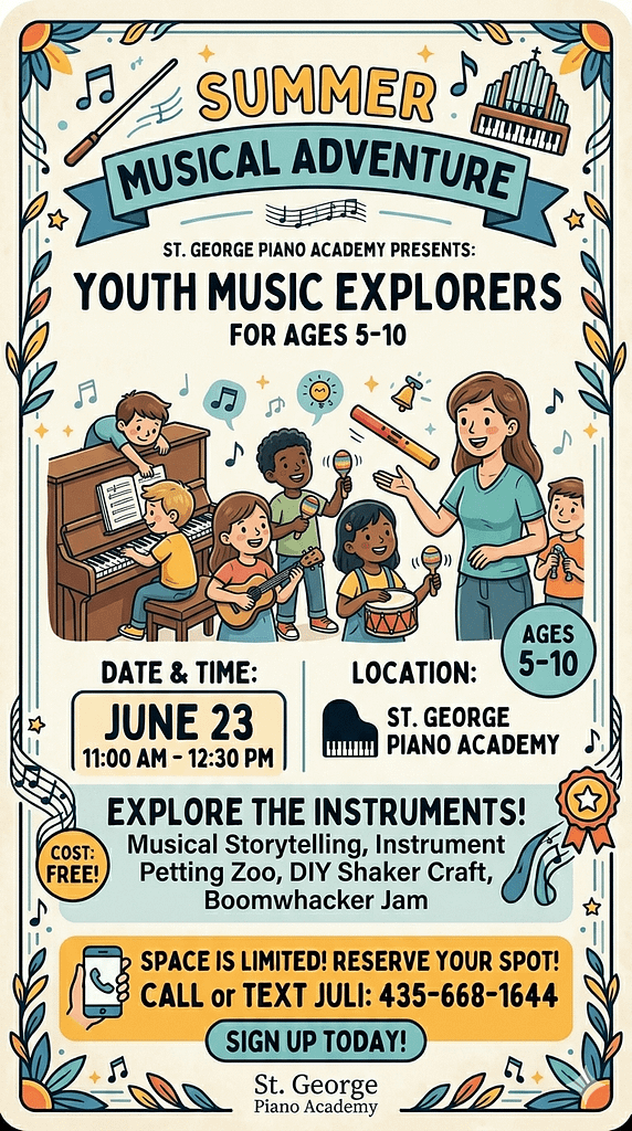 Summer music camp flyer for St. George Piano Academy Utah